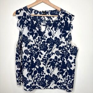 Emery Rose Floral Blouse Women 2X Blue Flutter Sleeve Scallop Office Career Work